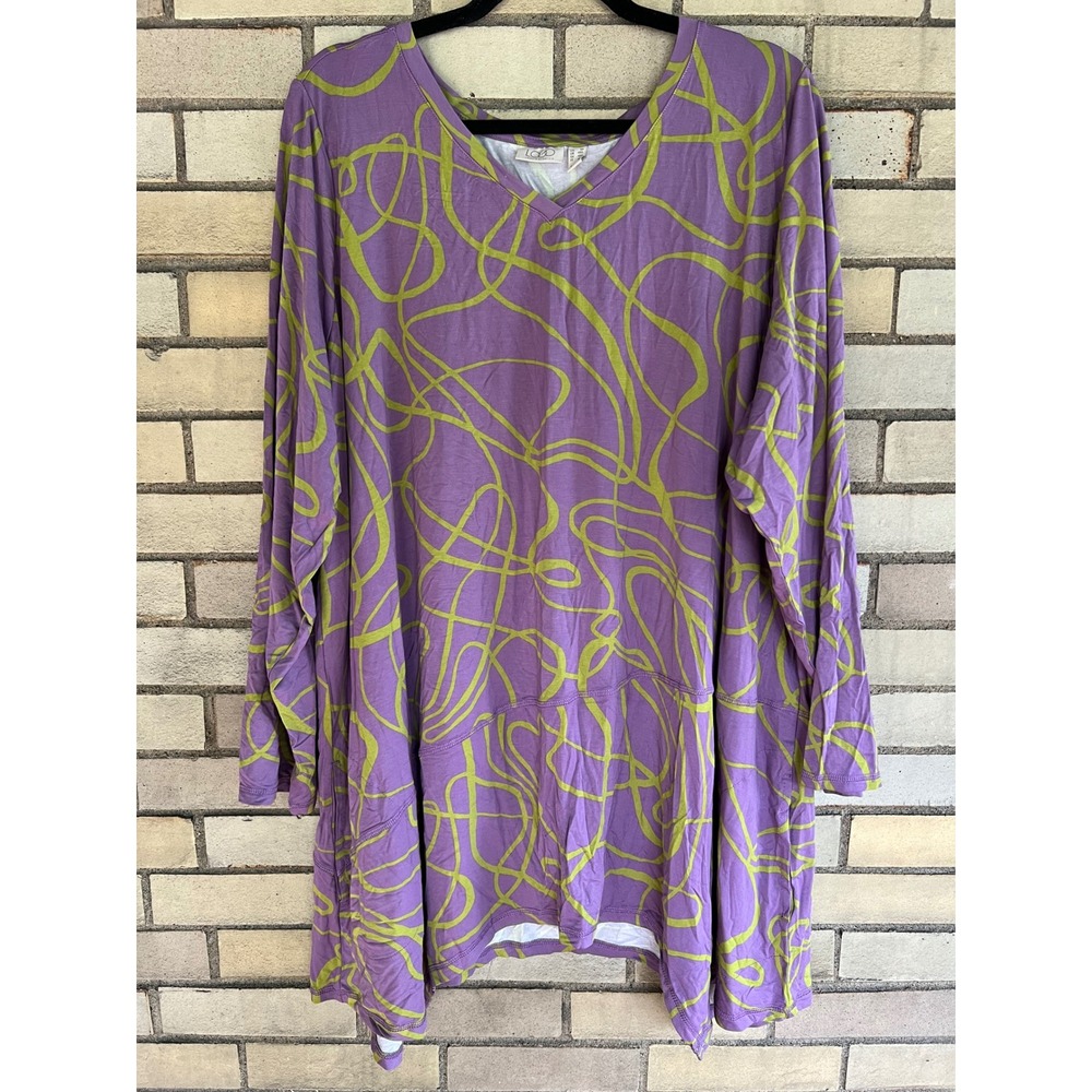 LOGO Lori Goldstein Purple Lime Swirl V-Neck Sharkbite Tunic Top Plus Size 3X